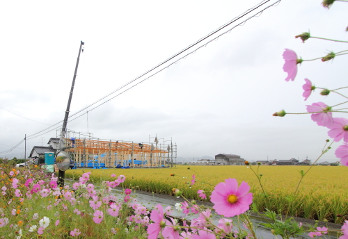 上棟と秋の田園風景