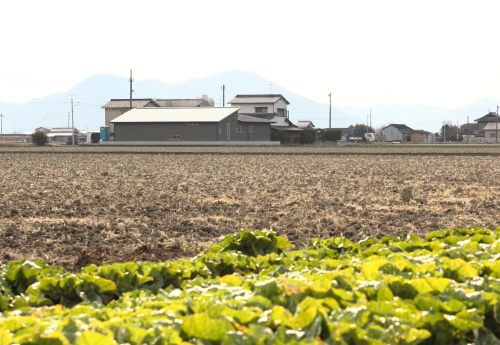 岡山市南区藤田に建築中の田園に浮かぶ平屋、周囲の景色に溶け込むグレーの外壁